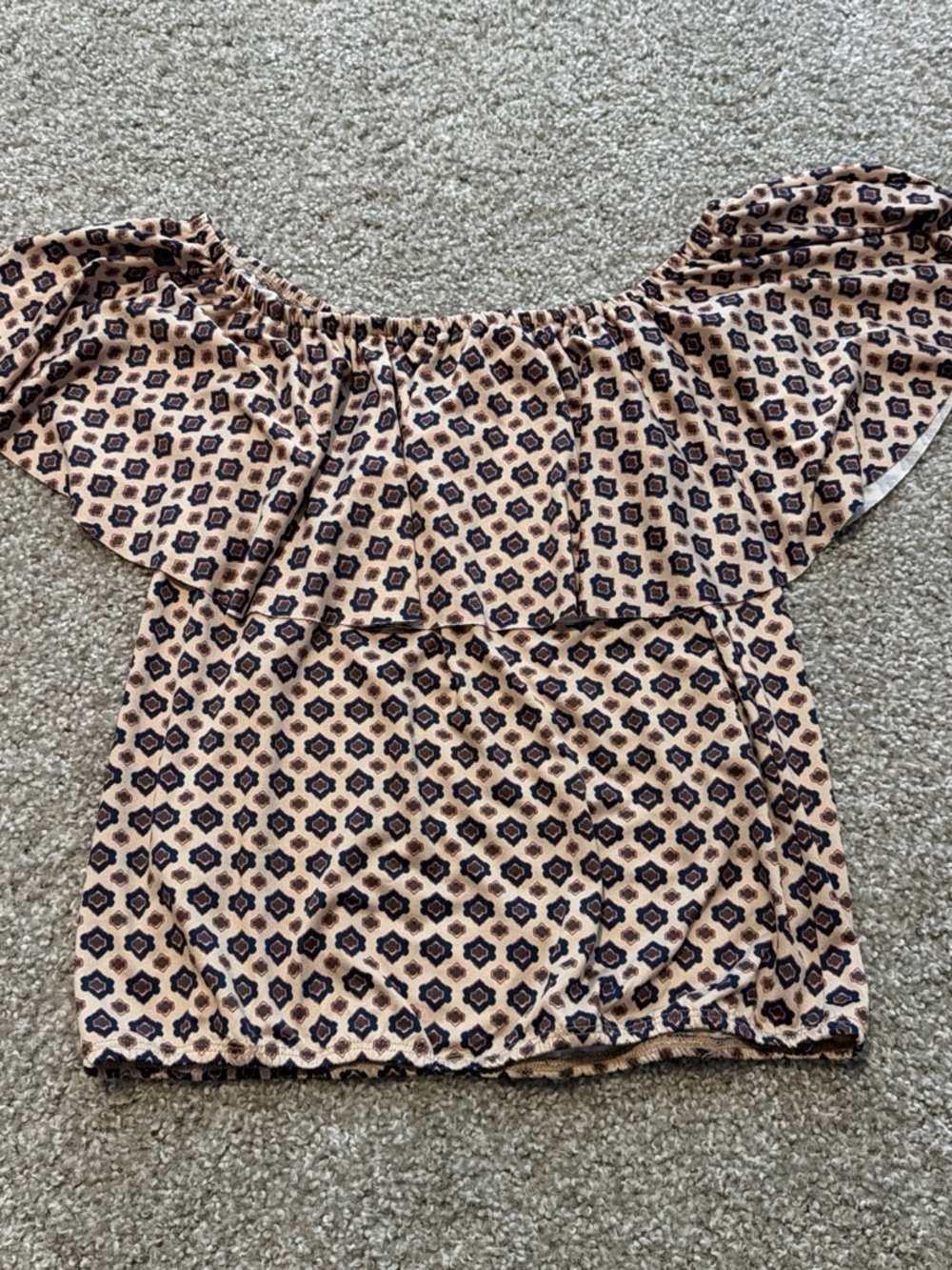 Boho Off-Shoulder Tunic in Beige with Navy Motif